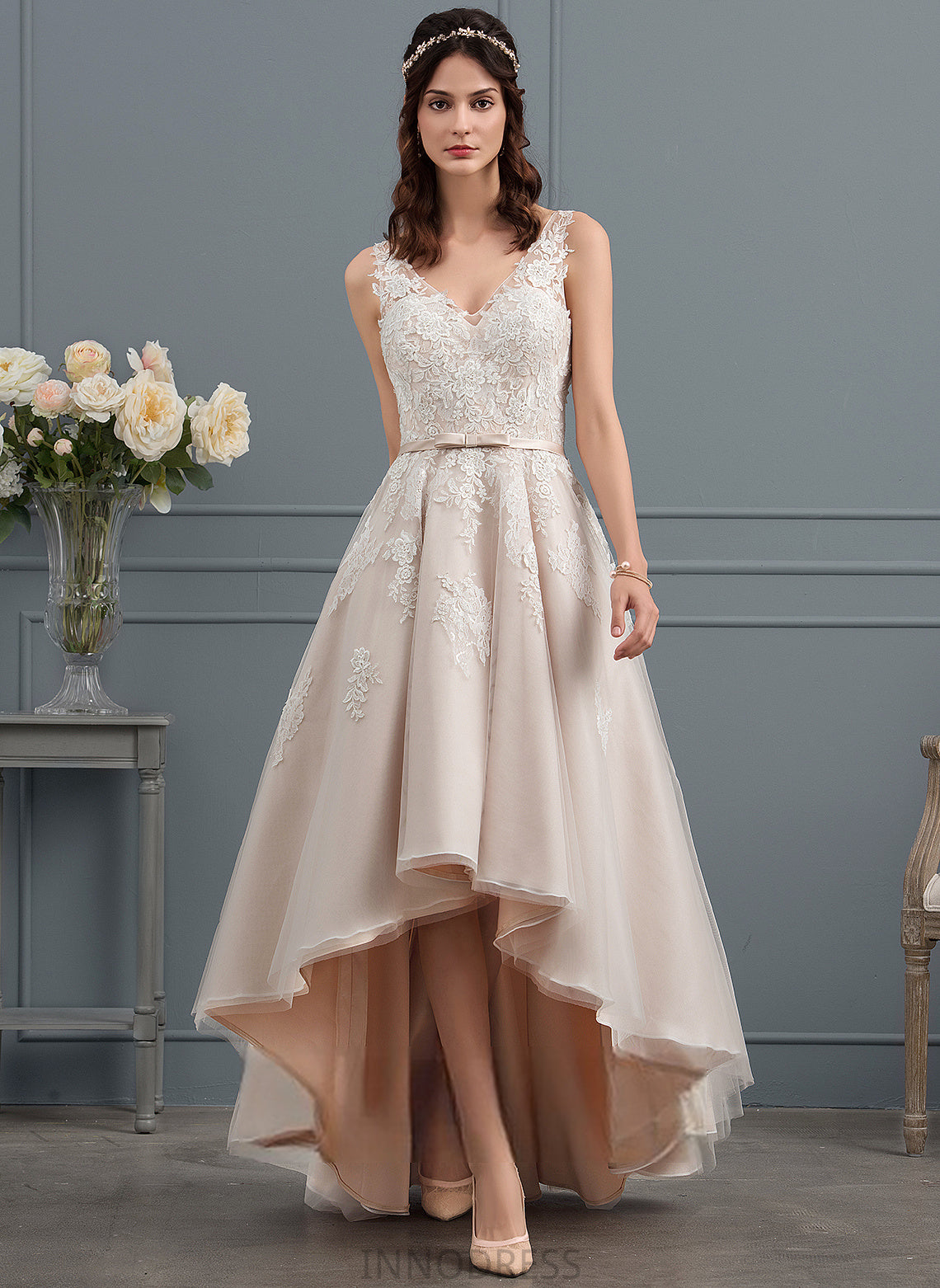 Bow(s) Carolina Asymmetrical Tulle V-neck Wedding Wedding Dresses Satin A-Line Dress With Lace