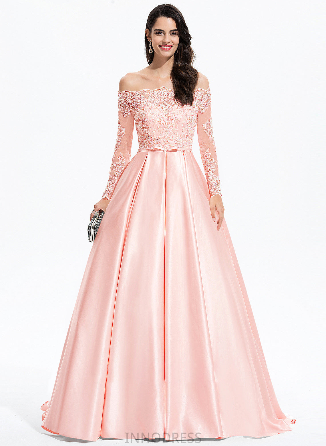 Ball-Gown/Princess Off-the-Shoulder With Prom Dresses Train Lindsay Sweep Bow(s) Satin