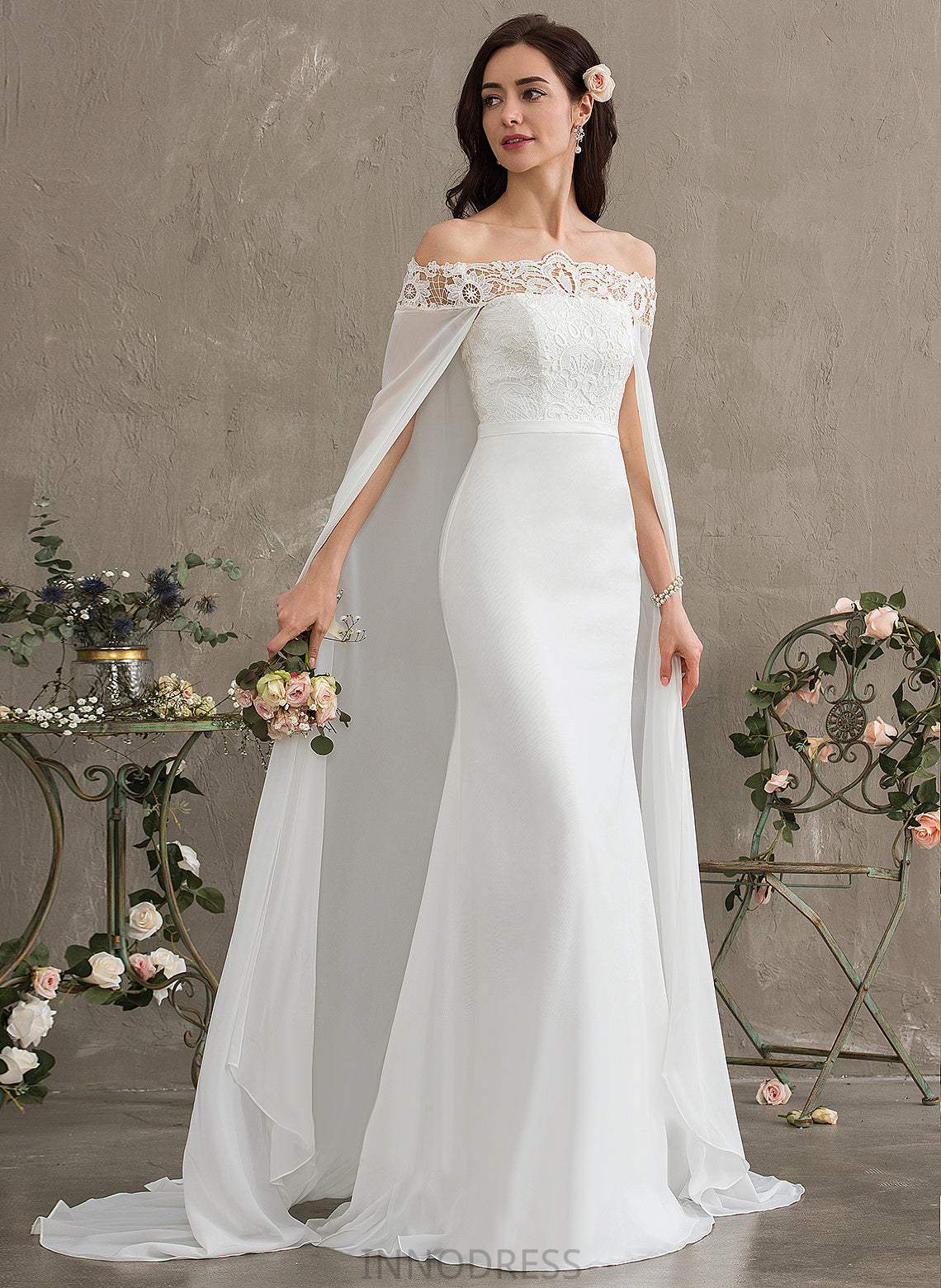 Court Wedding Dresses With Lace Dress Off-the-Shoulder Lace Wedding Chiffon Jeanie Sheath/Column Train