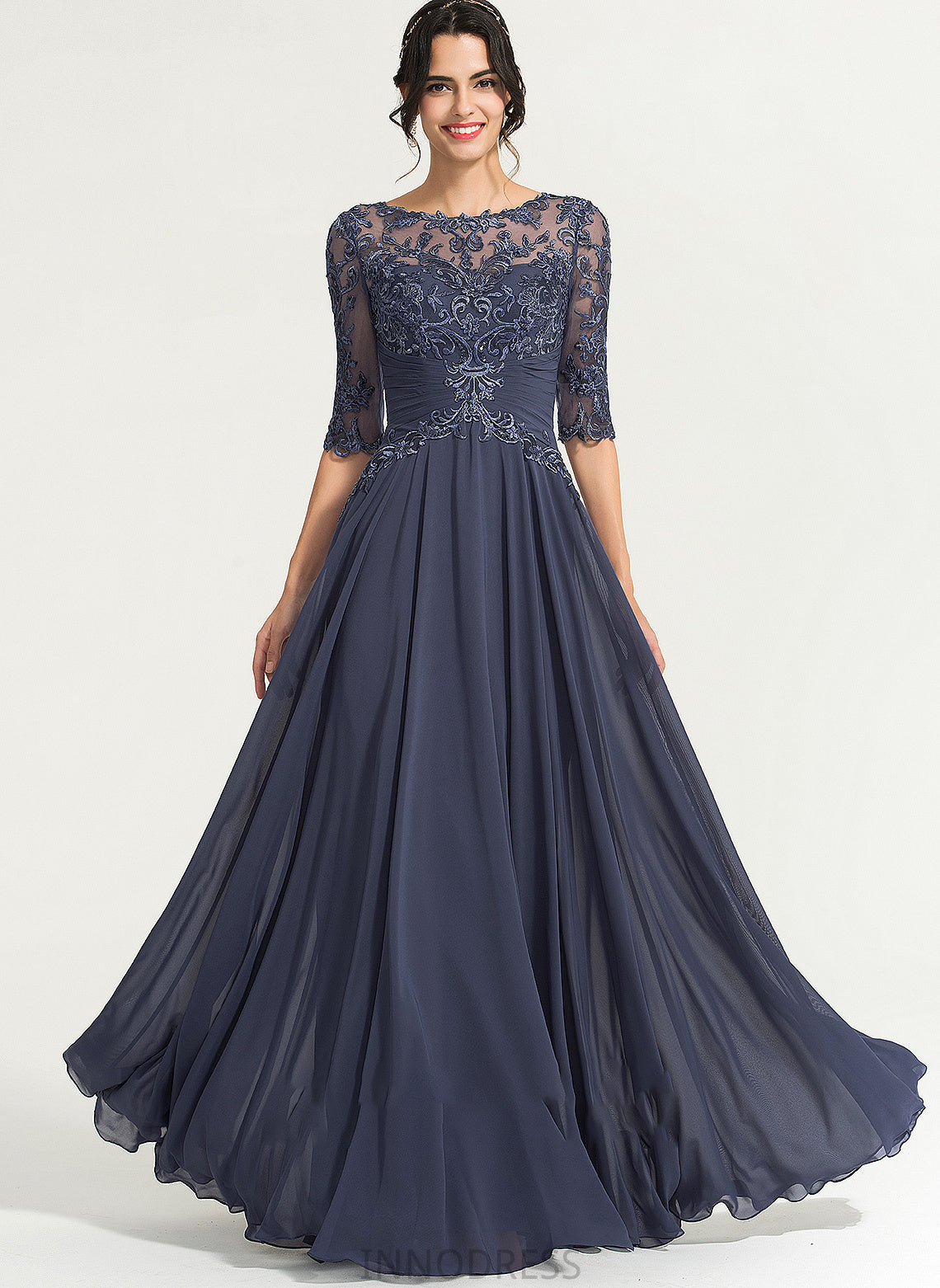 Scoop Prom Dresses Floor-Length Sequins Sabrina A-Line Chiffon Neck With