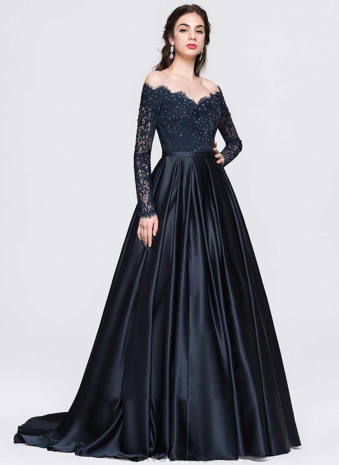 Train Sweep Beading Prom Dresses Ball-Gown/Princess Off-the-Shoulder Kyleigh With Satin