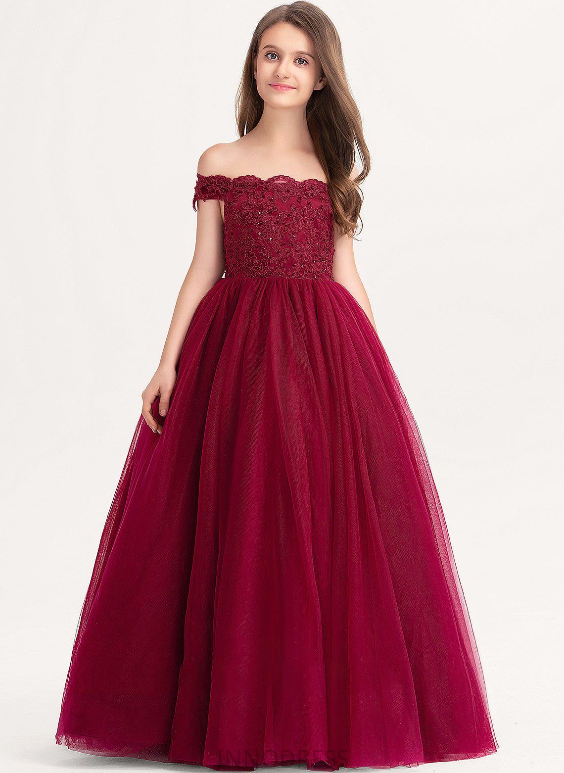 Sequins Lace Junior Bridesmaid Dresses Floor-Length Off-the-Shoulder Tulle Ball-Gown/Princess Maryjane Beading With