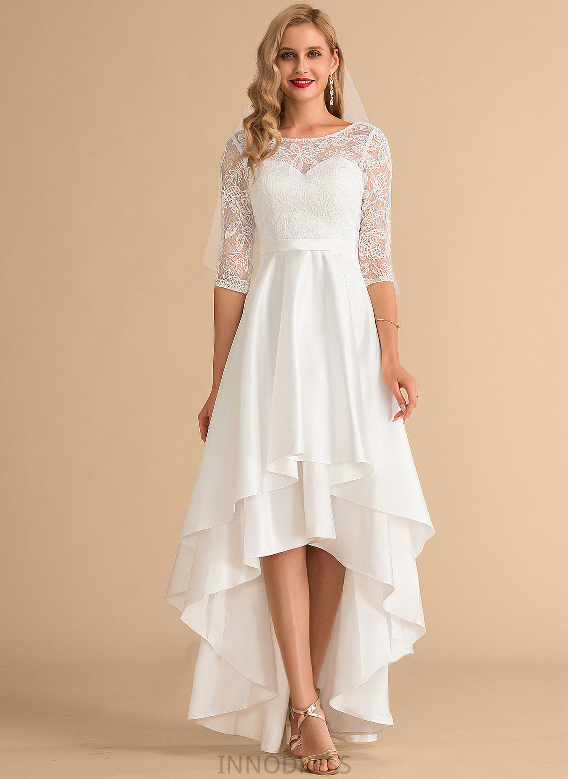 Joanna Wedding Scoop Asymmetrical Dress Satin Lace Wedding Dresses A-Line