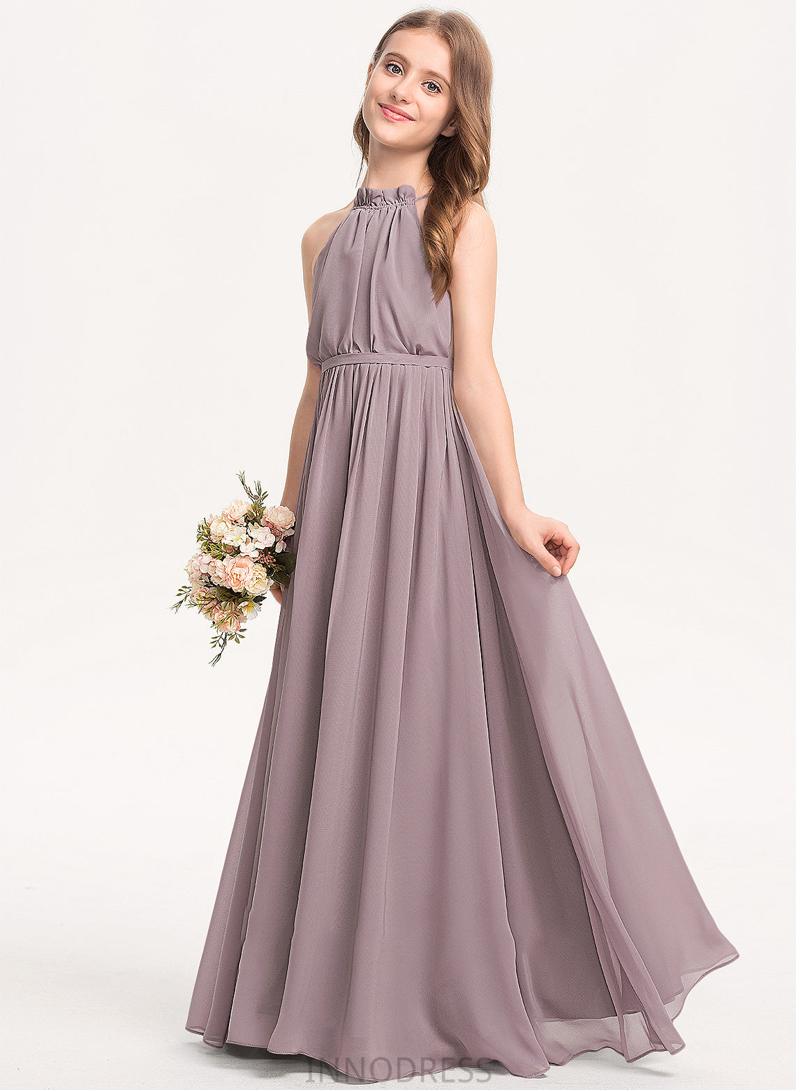 Bow(s) Anaya High Junior Bridesmaid Dresses Ruffles Floor-Length Cascading A-Line Neck Chiffon With