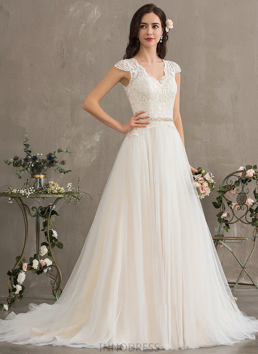 Wedding Tulle With Court Ball-Gown/Princess Zaniyah Sequins Dress Beading Wedding Dresses V-neck Train