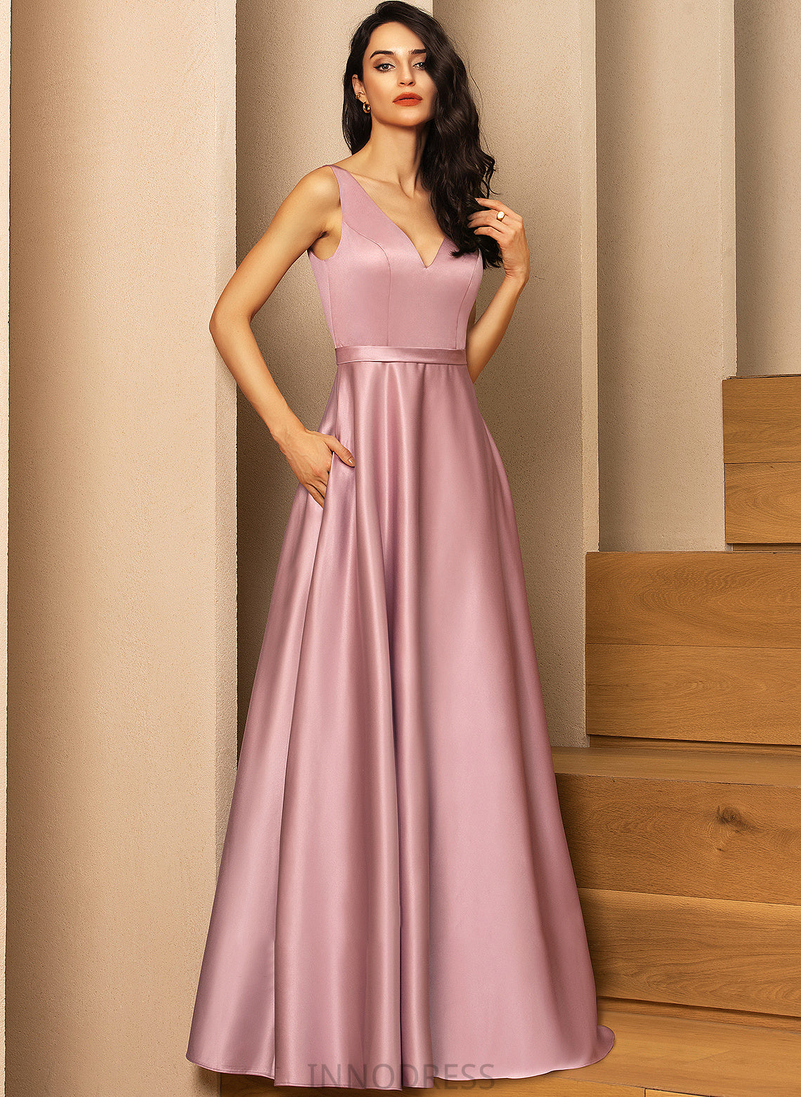 Floor-Length Pockets Satin Prom Dresses V-neck Jayleen With Ball-Gown/Princess