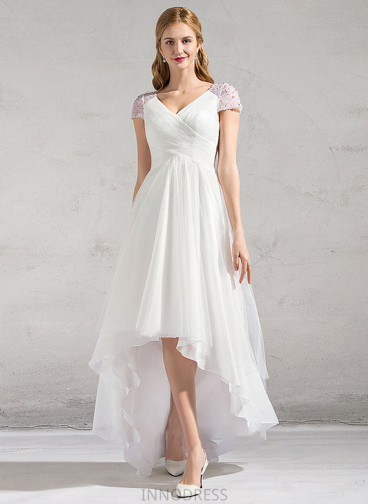 A-Line Dress Sequins V-neck Wedding Dresses Tulle Wedding Ruffle Beading Kara Asymmetrical With