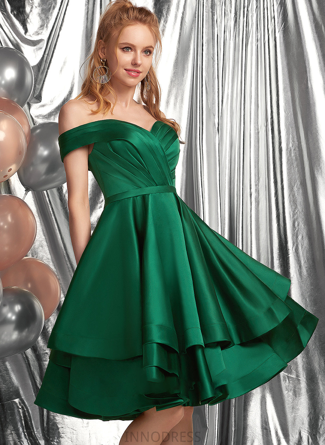 Sloane Knee-Length Off-the-Shoulder Ruffle Prom Dresses Satin A-Line With