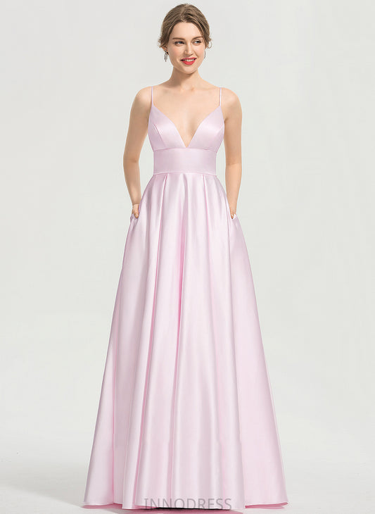 With Jamiya V-neck Floor-Length Prom Dresses Pockets A-Line Satin