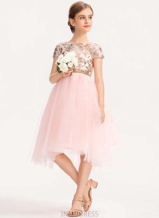 With A-Line Emma Junior Bridesmaid Dresses Neck Tulle Scoop Sequins Asymmetrical