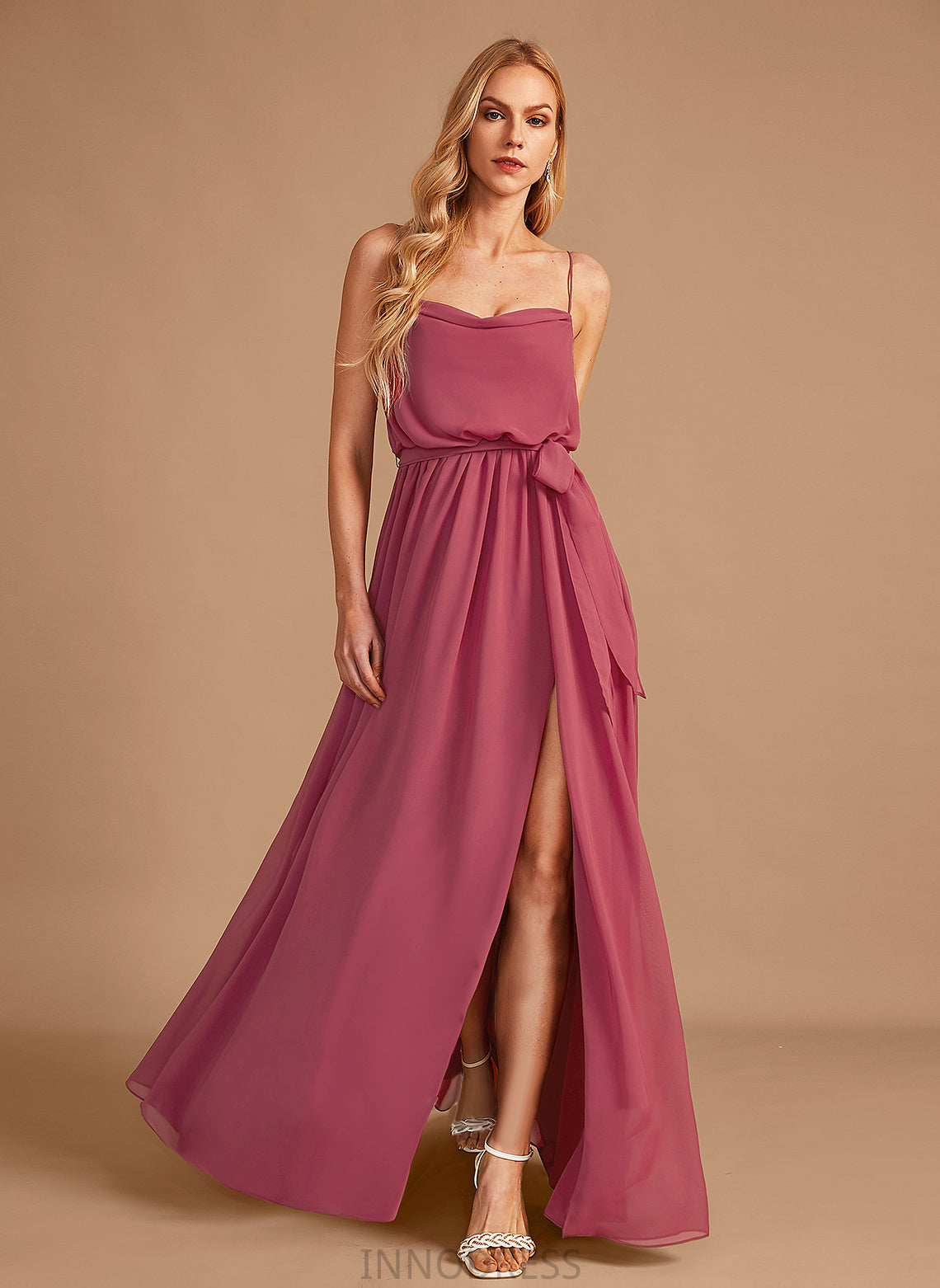 Embellishment Ruffle Silhouette Length CowlNeck Neckline Floor-Length A-Line Fabric SplitFront Sue Sleeveless Bridesmaid Dresses