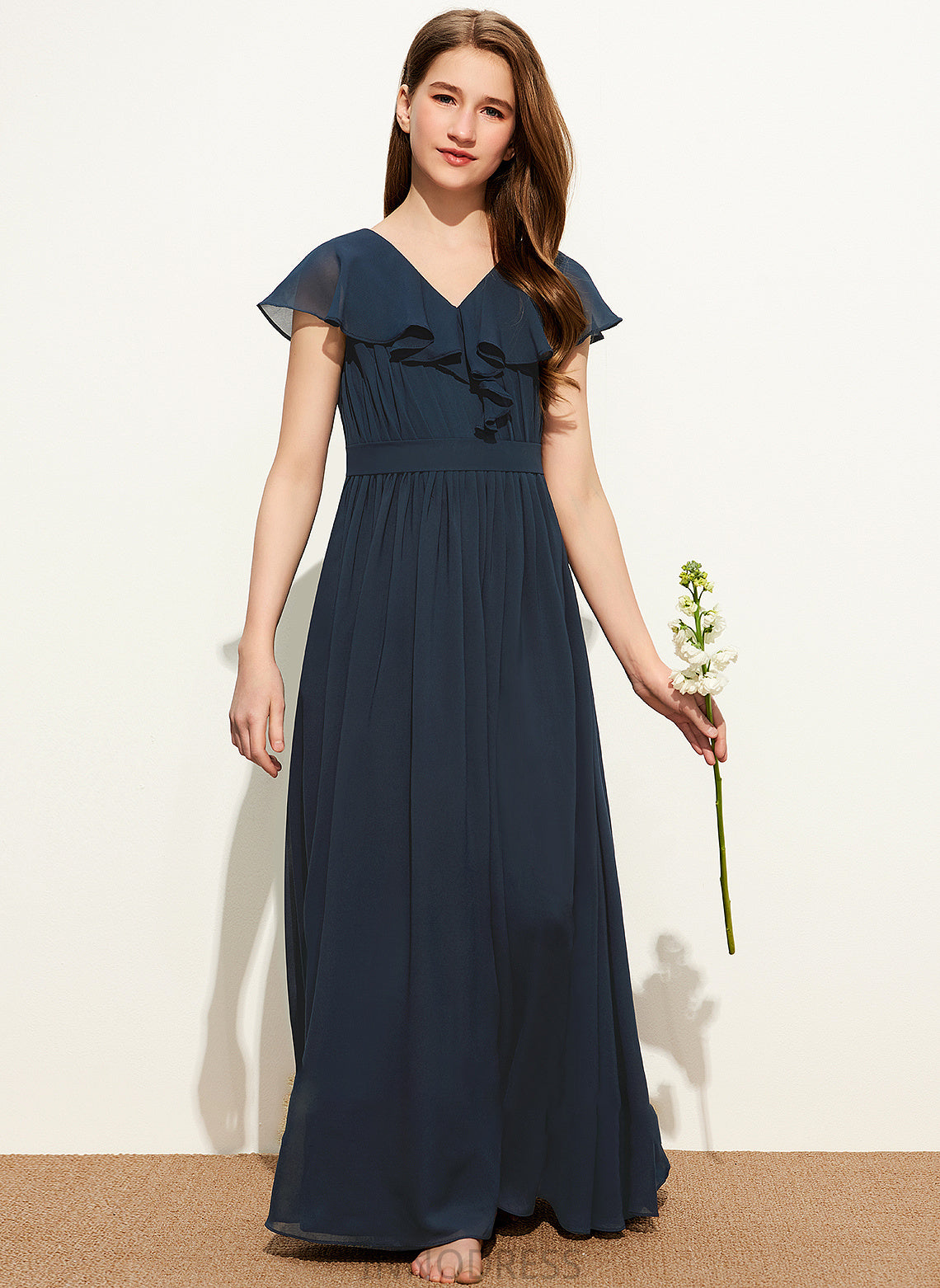 Ruffles Junior Bridesmaid Dresses Madalynn V-neck A-Line Cascading Bow(s) Floor-Length Chiffon With