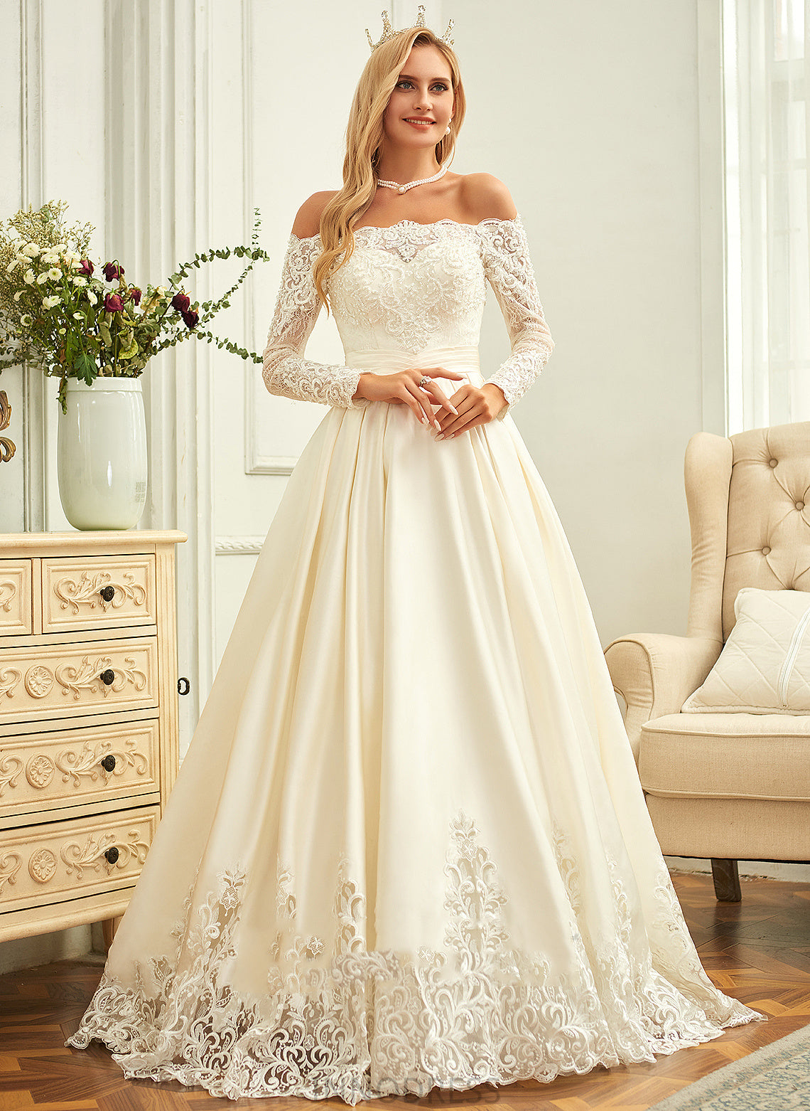 Ball-Gown/Princess Sequins Satin Train Evelyn Off-the-Shoulder With Lace Wedding Beading Sweep Dress Wedding Dresses