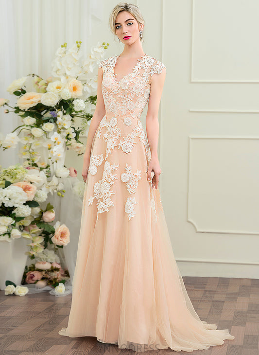 V-neck Wedding Dress Wedding Dresses Aileen A-Line Train Sweep Tulle