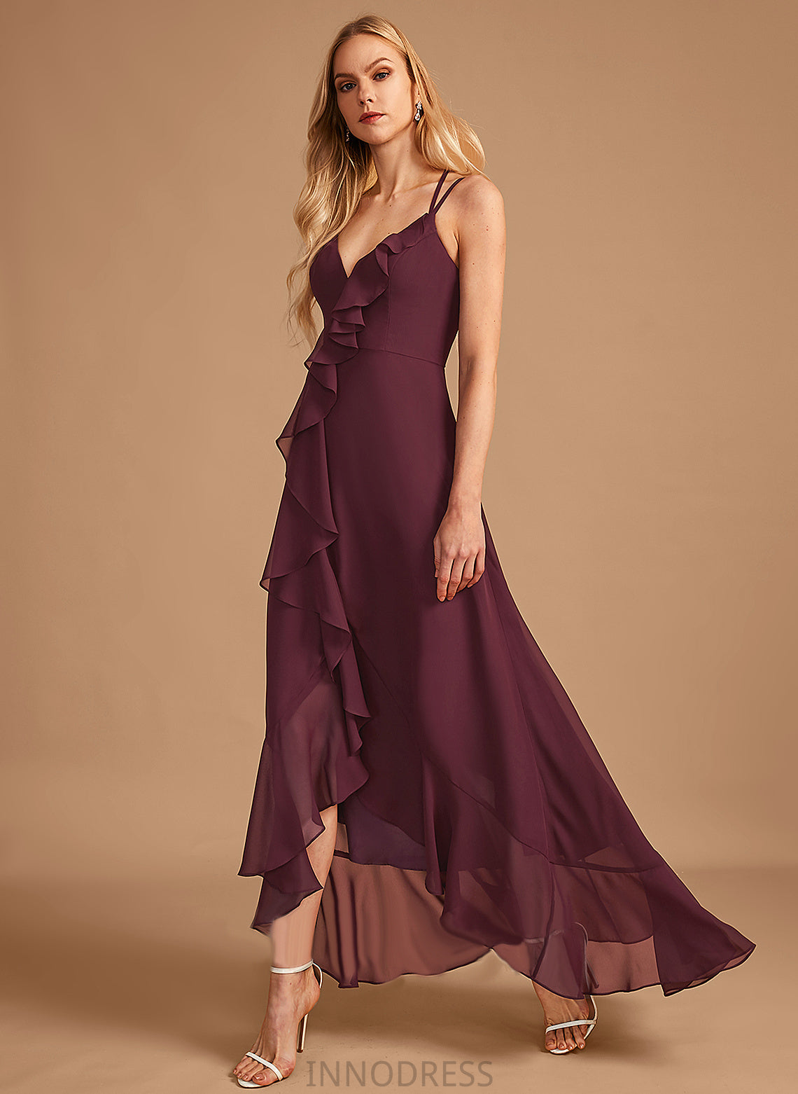 Silhouette V-neck Fabric SplitFront A-Line Asymmetrical Neckline Length Embellishment Ruffle Kristina Sleeveless Bridesmaid Dresses