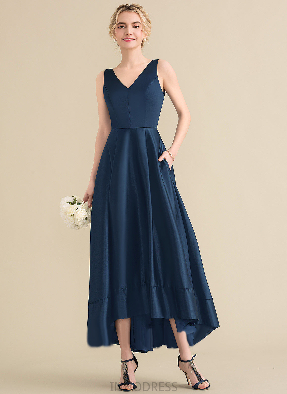 With Pockets Ball-Gown/Princess V-neck Satin Prom Dresses Cecelia Asymmetrical