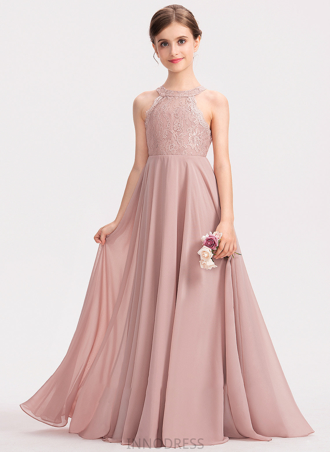 A-Line Chiffon Scoop Junior Bridesmaid Dresses Floor-Length Lace Sanai Neck