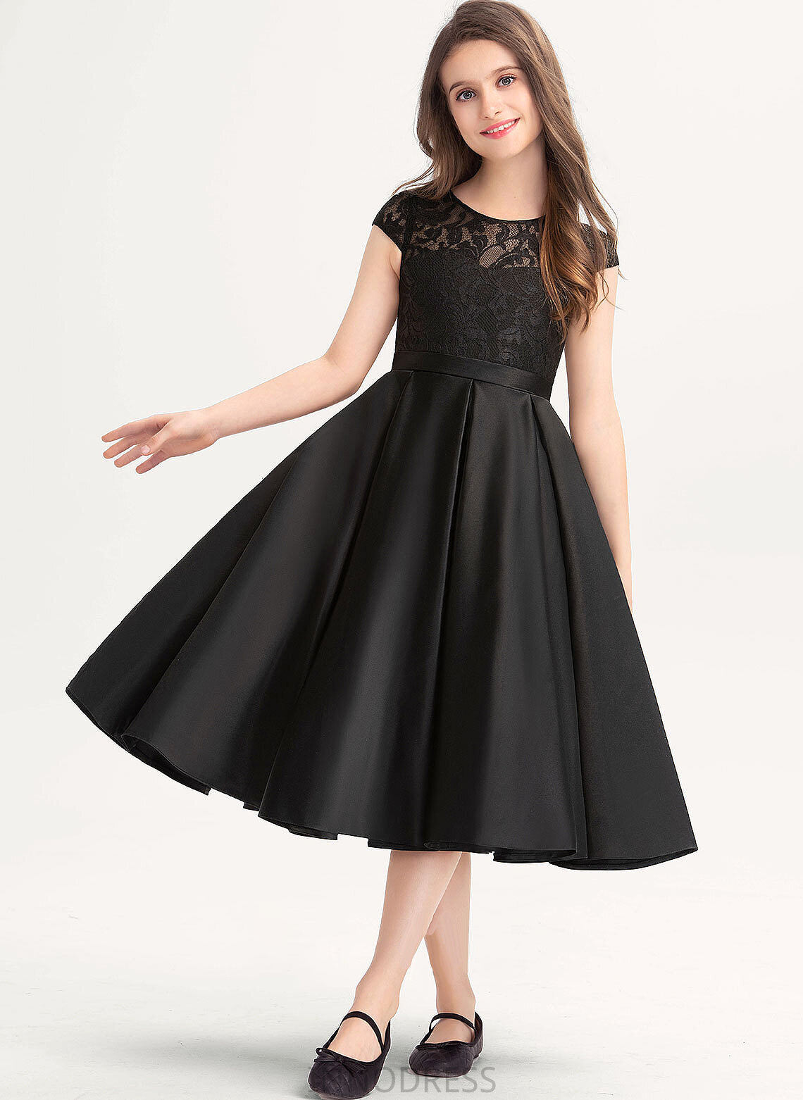 A-Line Pockets Lace Marina Neck Satin Scoop Junior Bridesmaid Dresses With Knee-Length