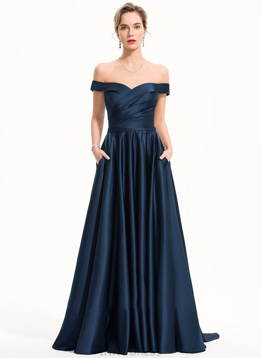 Meghan Satin Sweep Off-the-Shoulder With Pockets Train A-Line Prom Dresses