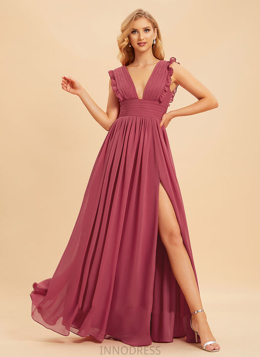 Length Floor-Length Silhouette A-Line Fabric Neckline V-neck Embellishment Ruffle SplitFront Una Empire Waist Bridesmaid Dresses