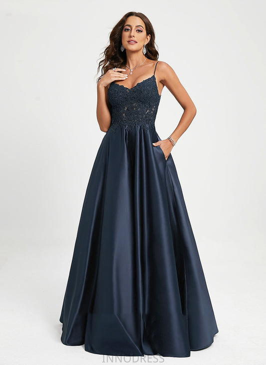 V-neck Sequins Floor-Length Lace With Prom Dresses Paisley Satin A-Line