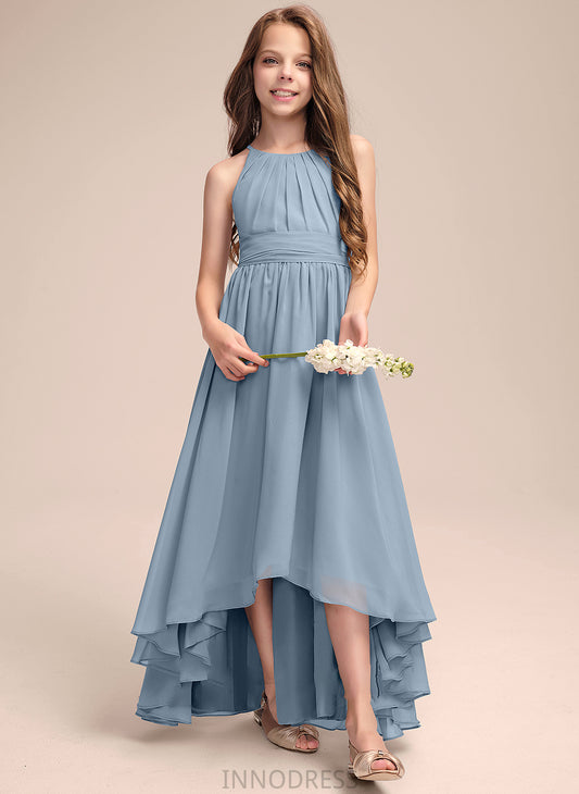 With Bow(s) Junior Bridesmaid Dresses A-Line Ruffle June Neck Asymmetrical Scoop Chiffon