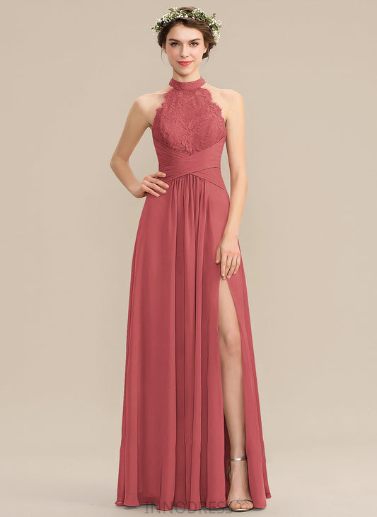 Prom Dresses A-Line Neck Split With Jane Lace High Ruffle Front Chiffon Floor-Length