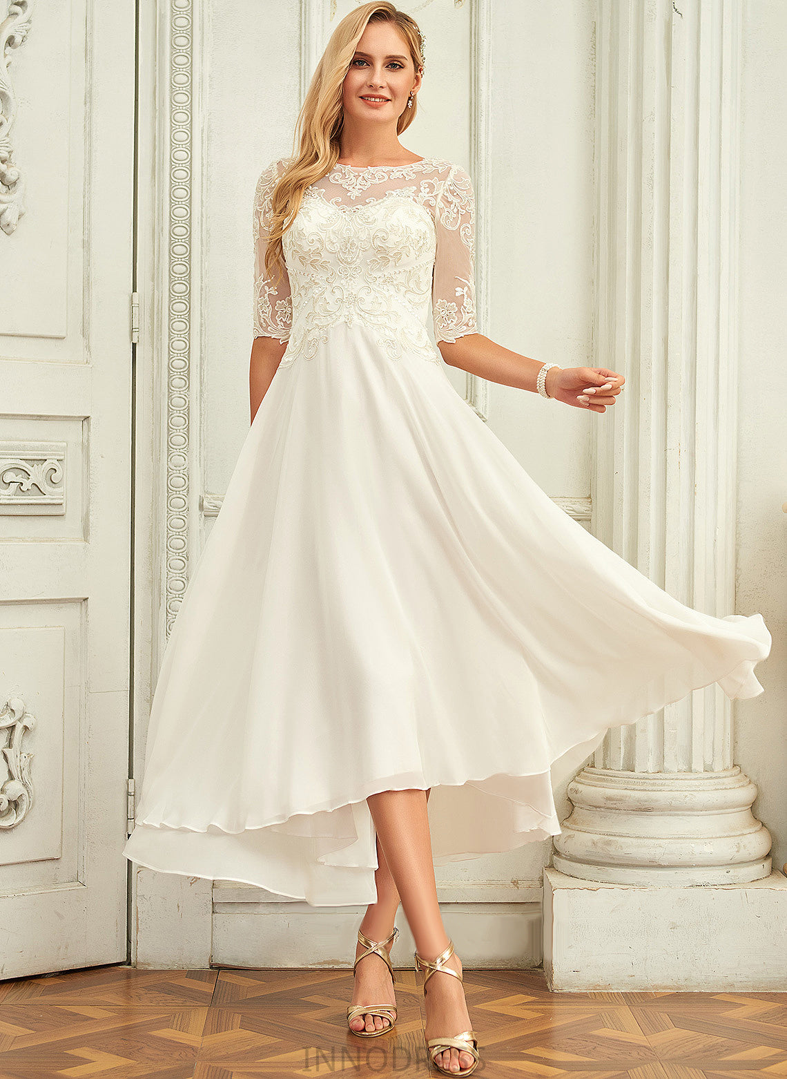 With A-Line Asymmetrical Wedding Dresses Sequins Chiffon Dress Scoop Lace Beading Melody Wedding