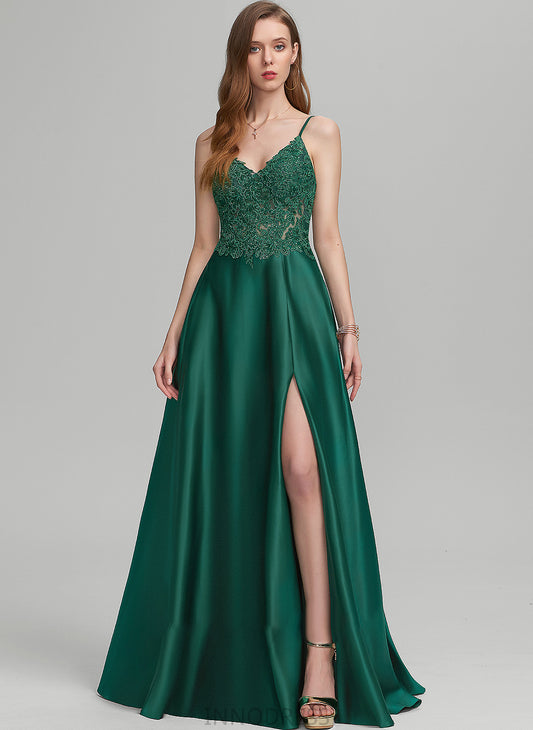 Floor-Length V-neck Split Satin Quinn With A-Line Front Prom Dresses