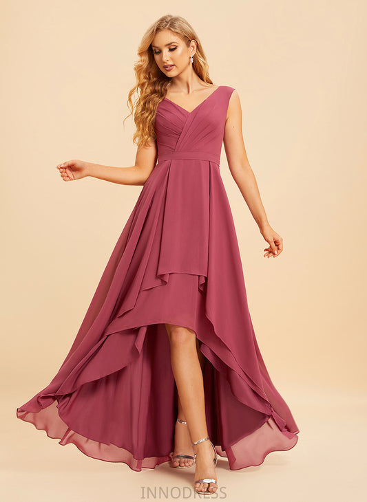 Asymmetrical Length V-neck A-Line Embellishment Ruffle Fabric Neckline Silhouette Sandra Sheath/Column Sleeveless Bridesmaid Dresses