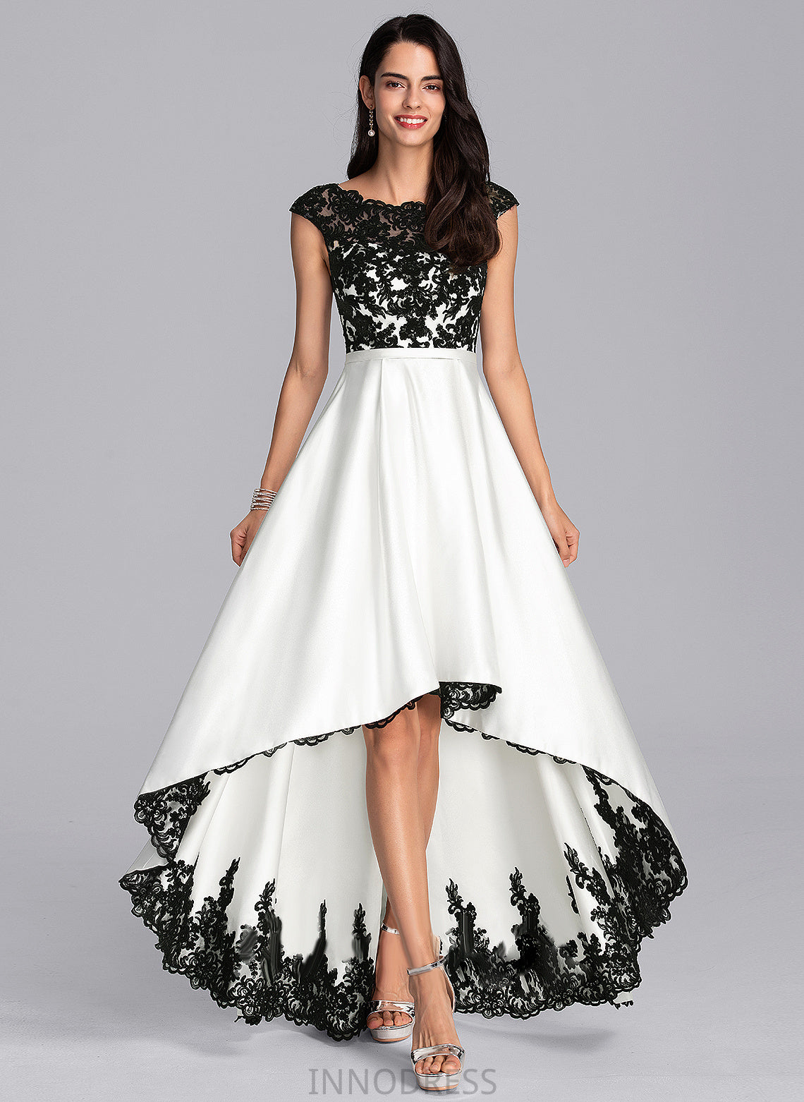 A-Line Asymmetrical Giuliana Lace Satin Wedding Wedding Dresses Scoop Illusion Dress