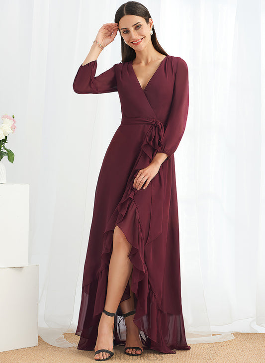 SplitFront Silhouette V-neck Length Embellishment Asymmetrical Ruffle Neckline A-Line Fabric Kiana Sleeveless Bridesmaid Dresses