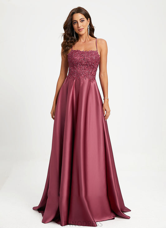 With Square Train A-Line Sweep Sequins Satin Neckline Beading Laney Prom Dresses