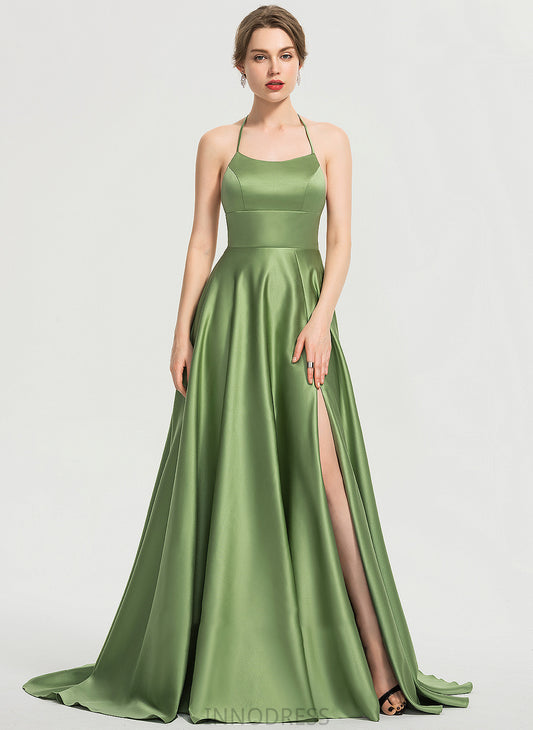 Scoop Lila Satin Split Prom Dresses Front A-Line With Sweep Neck Train