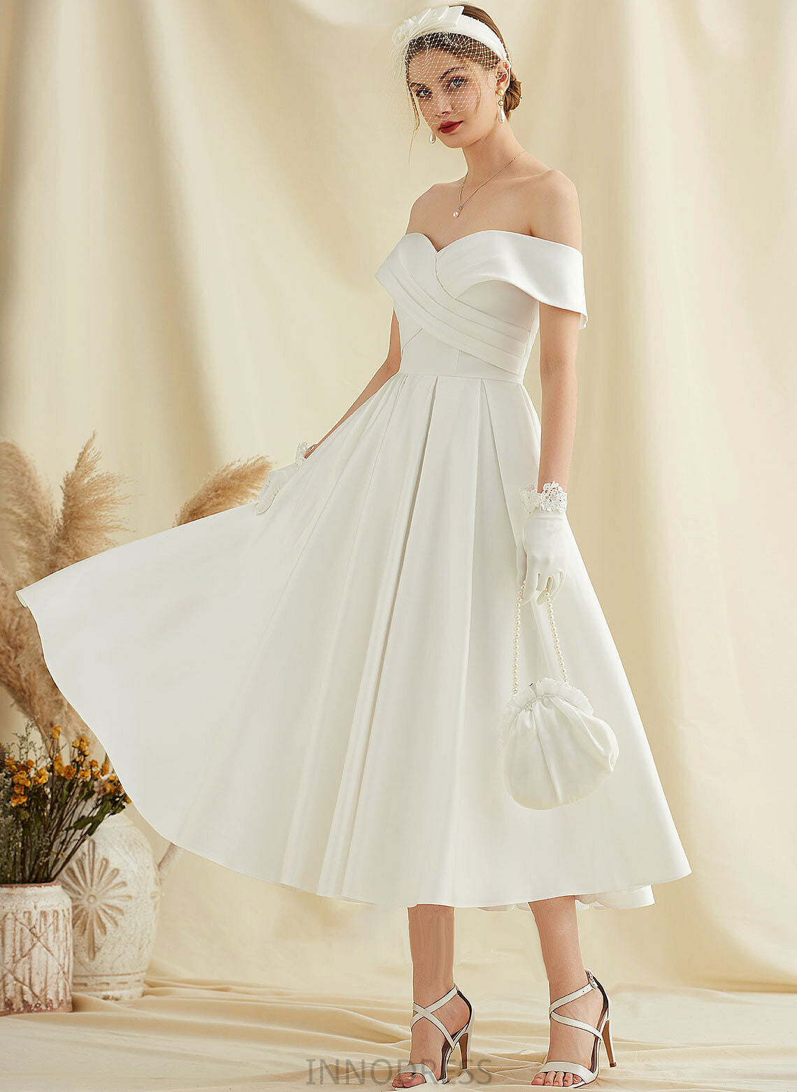 Tea-Length Pockets Wedding Dresses Miya A-Line Wedding With Dress Satin