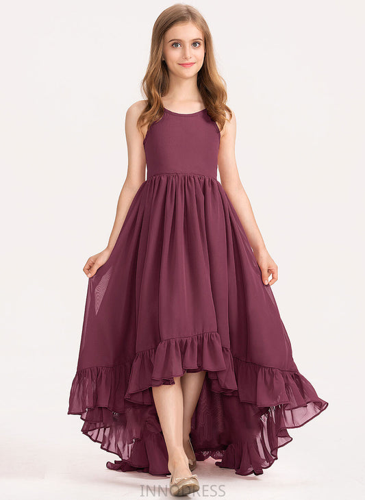 A-Line Chiffon Neck Asymmetrical Ruffles Cascading Dulce Junior Bridesmaid Dresses With Bow(s) Scoop