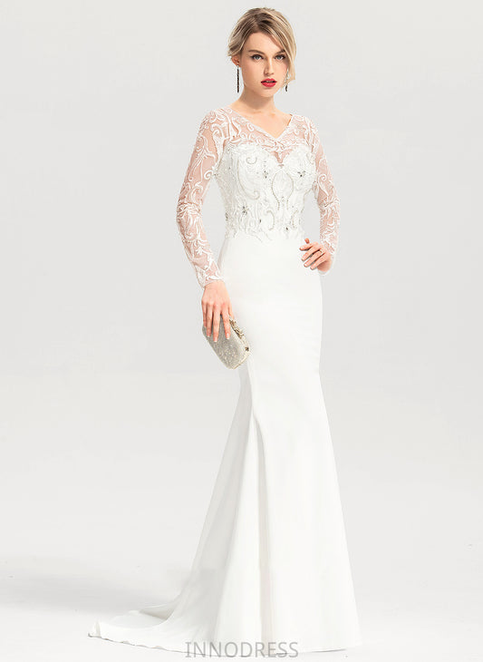 Train Dress Sweep V-neck Eliza Crepe Sequins Wedding Beading With Stretch Trumpet/Mermaid Wedding Dresses