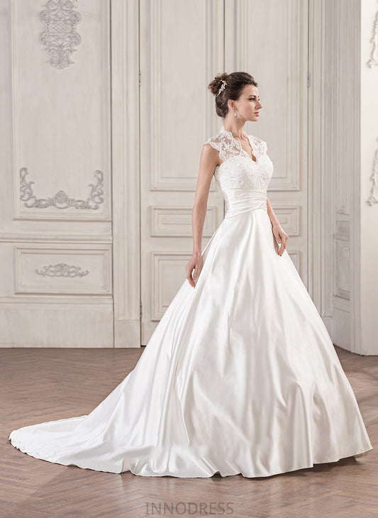 Court Train Satin Wedding Dresses Lace Ball-Gown/Princess V-neck Zoe With Dress Ruffle Wedding