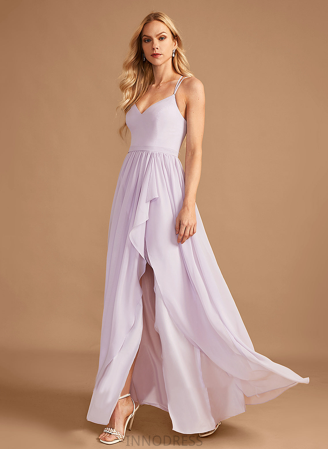 Embellishment Silhouette Fabric SplitFront Length Ruffle A-Line V-neck Neckline Asymmetrical Janae Sleeveless Bridesmaid Dresses