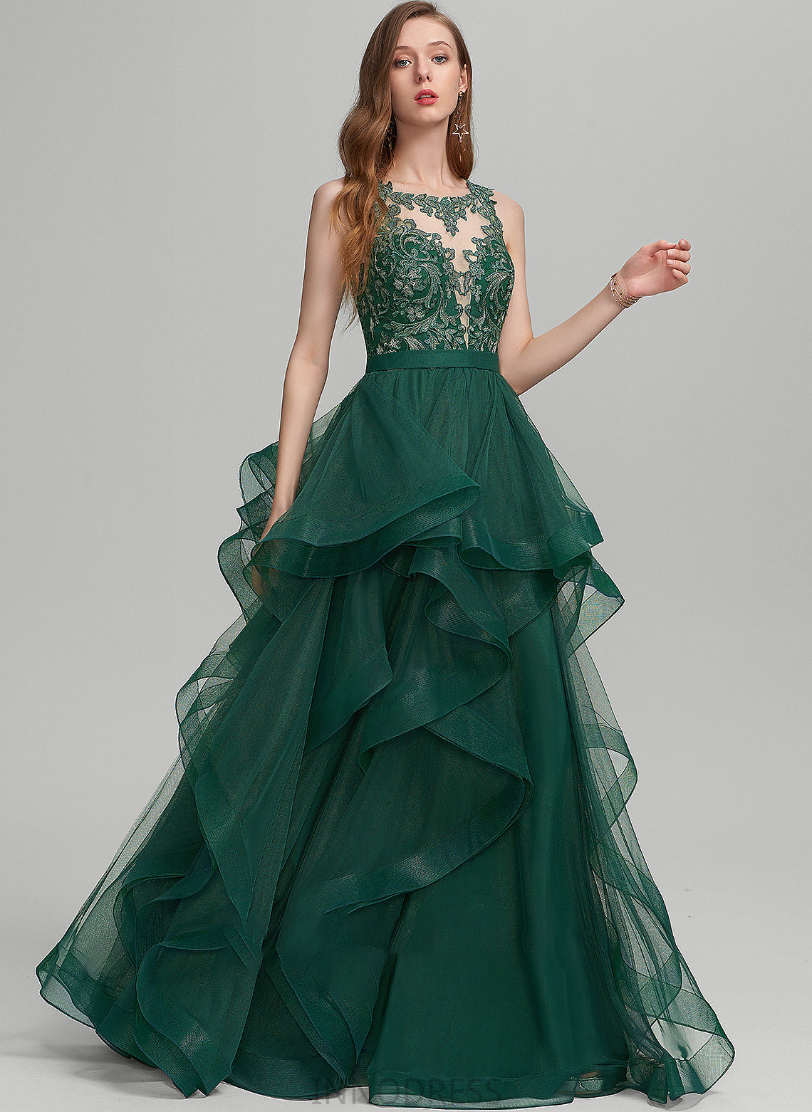 Paris Prom Dresses Scoop Tulle Lace Floor-Length Ball-Gown/Princess With Neck Ruffle