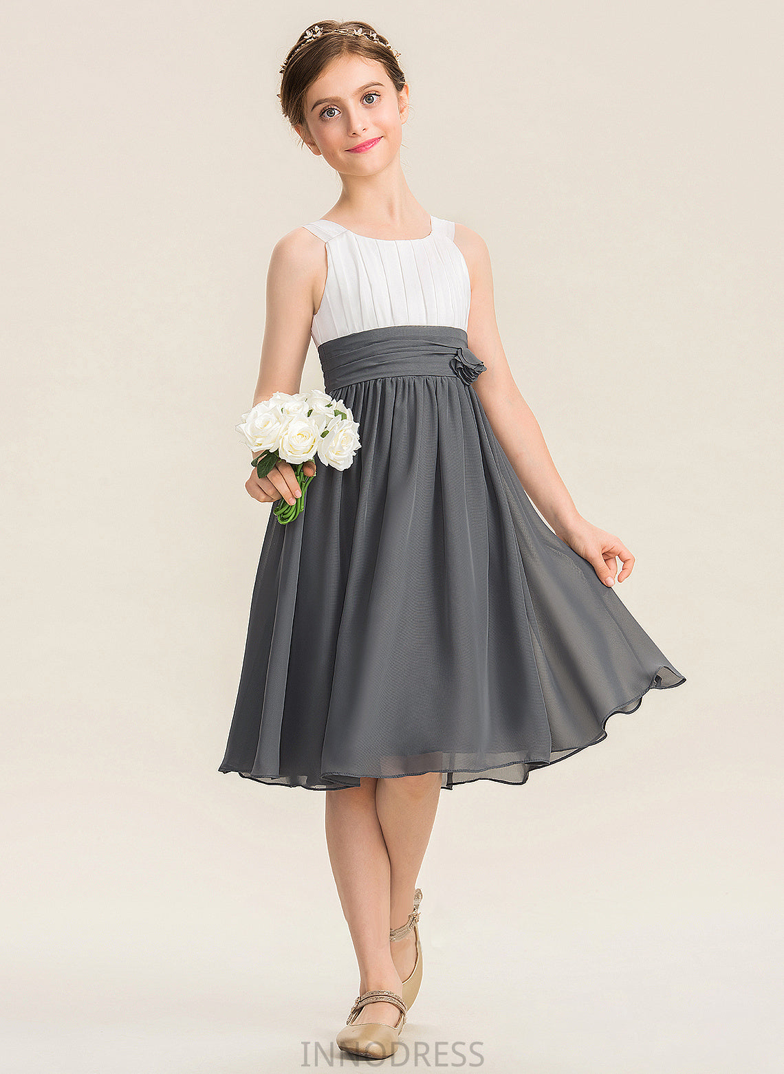 Chiffon Scoop Knee-Length Junior Bridesmaid Dresses With Flower(s) Ryan Ruffle Neck A-Line