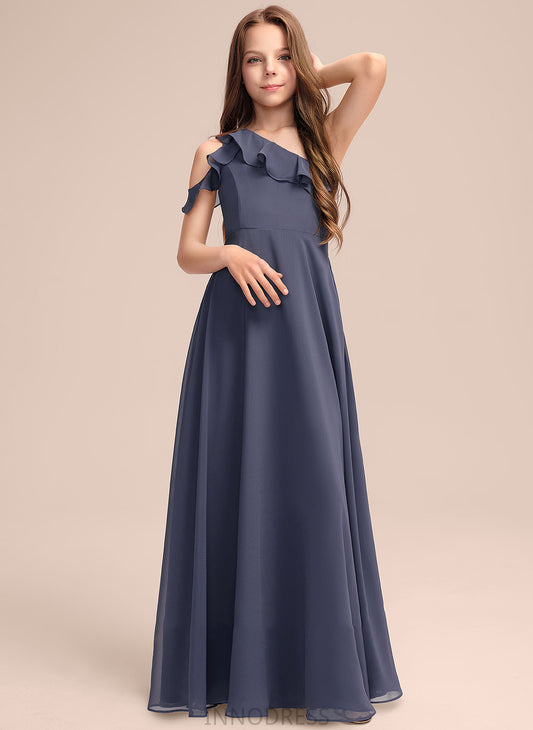 One-Shoulder Chiffon Floor-Length Mayra Ruffles With Cascading A-Line Junior Bridesmaid Dresses