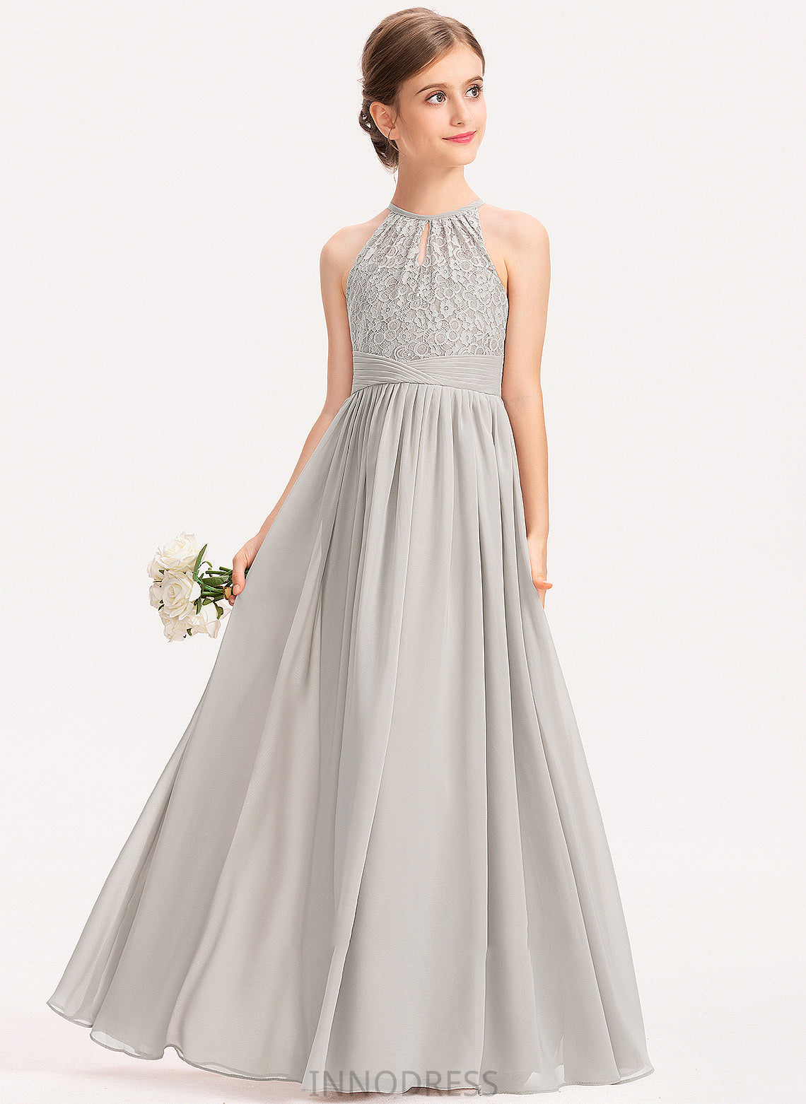 Junior Bridesmaid Dresses Floor-Length A-Line Ruffle Chiffon Scoop Lace Neck With Dylan