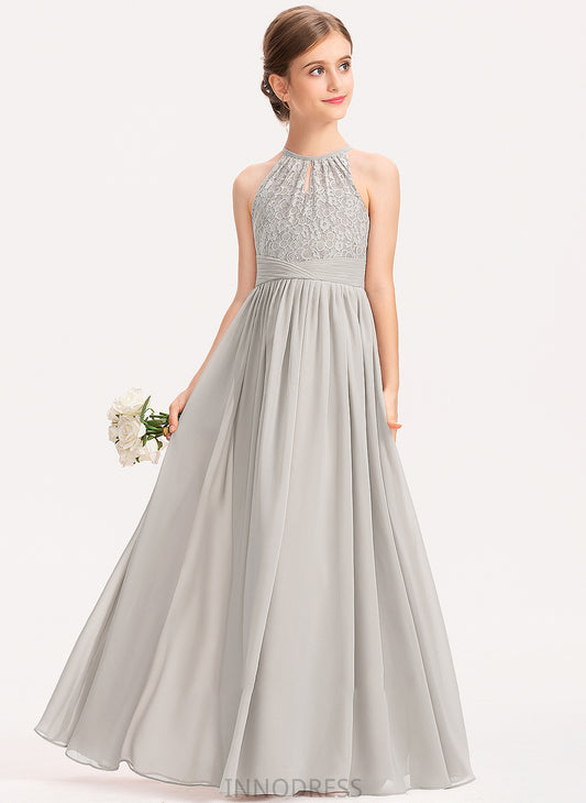 Junior Bridesmaid Dresses Floor-Length A-Line Ruffle Chiffon Scoop Lace Neck With Dylan