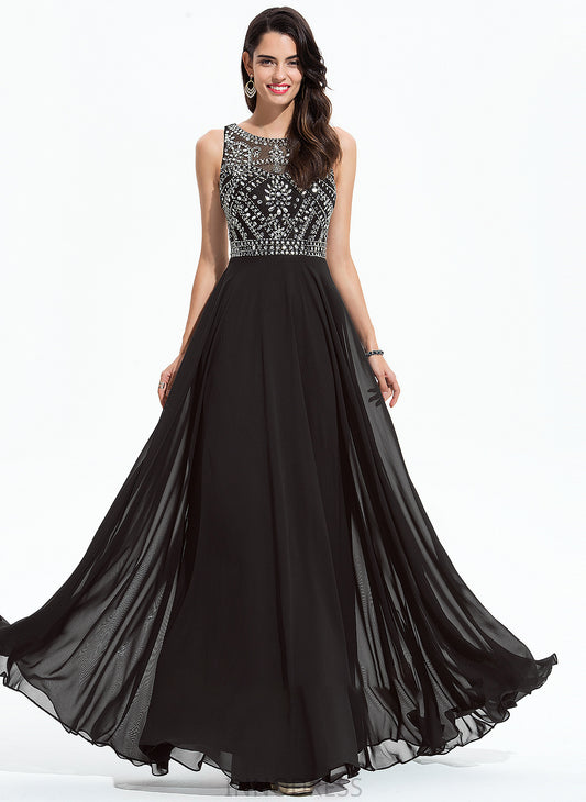 Claudia Neck Beading Floor-Length With Chiffon Scoop A-Line Prom Dresses Sequins