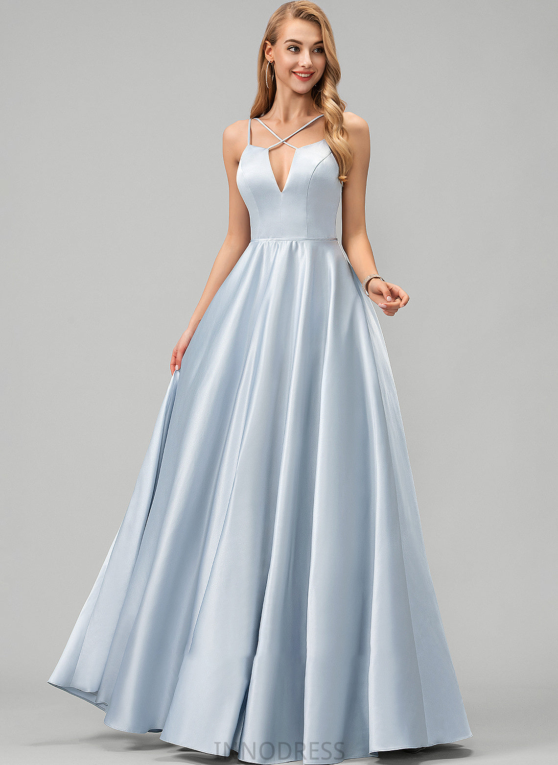 Satin A-Line Floor-Length Joy Prom Dresses V-neck