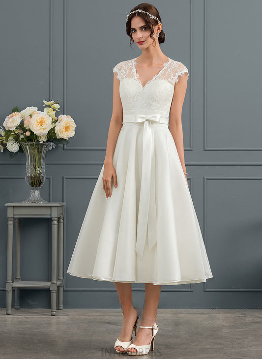 Wedding Dresses V-neck A-Line Tea-Length With Lace Bow(s) Dress Satin Ruby Wedding