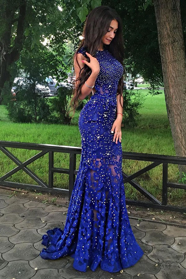 Royal Blue Trumpet Sweep Train Jewel Neck Sleeveless Keyhole Back Beading Prom Dresses