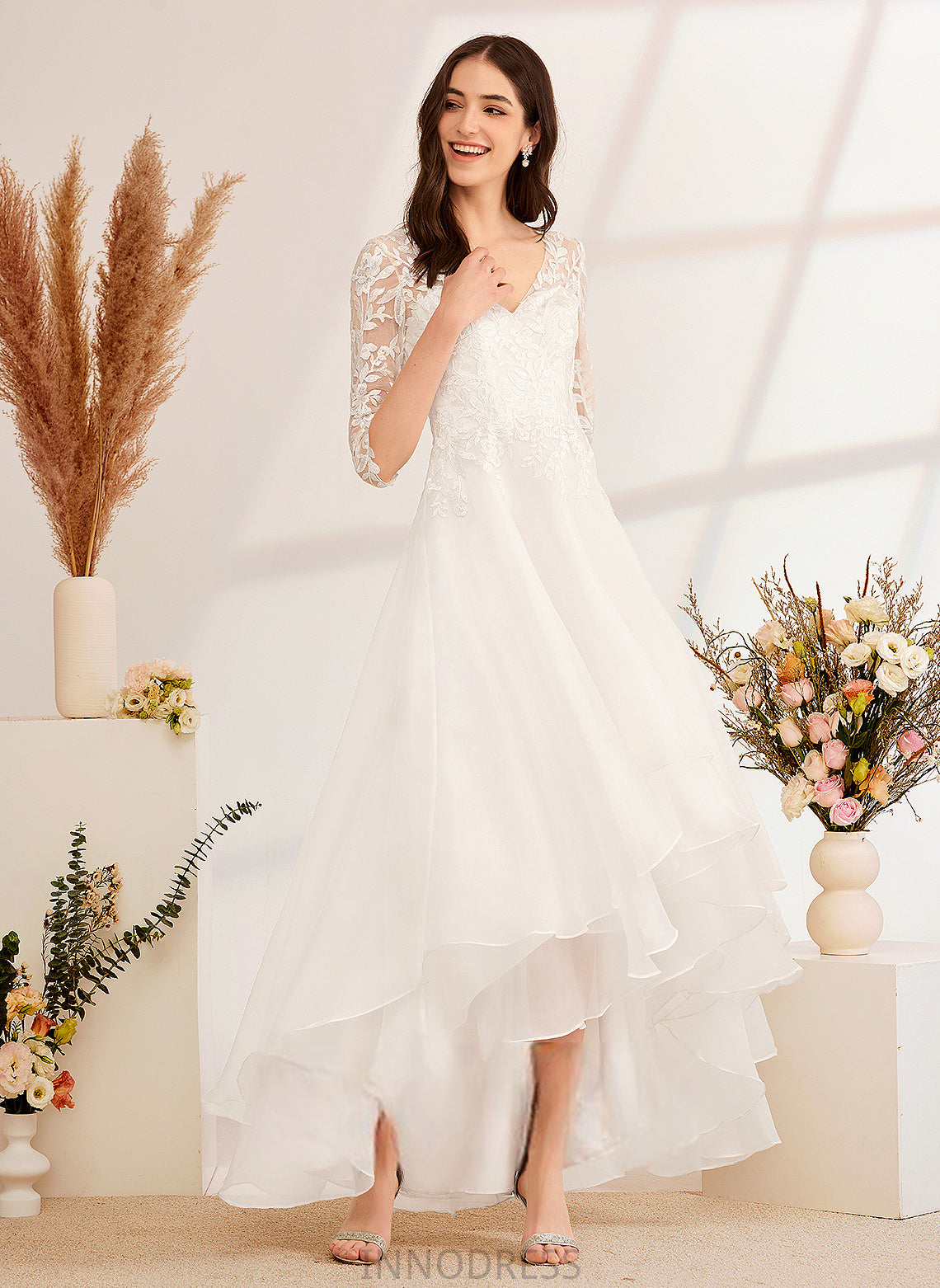 V-neck A-Line Lace Wedding Dresses With Tulle Dress Kamila Asymmetrical Beading Wedding Sequins