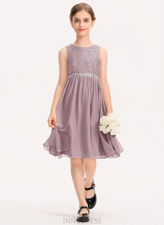 Knee-Length A-Line Chiffon Lace Gretchen Junior Bridesmaid Dresses Scoop With Bow(s) Neck Beading